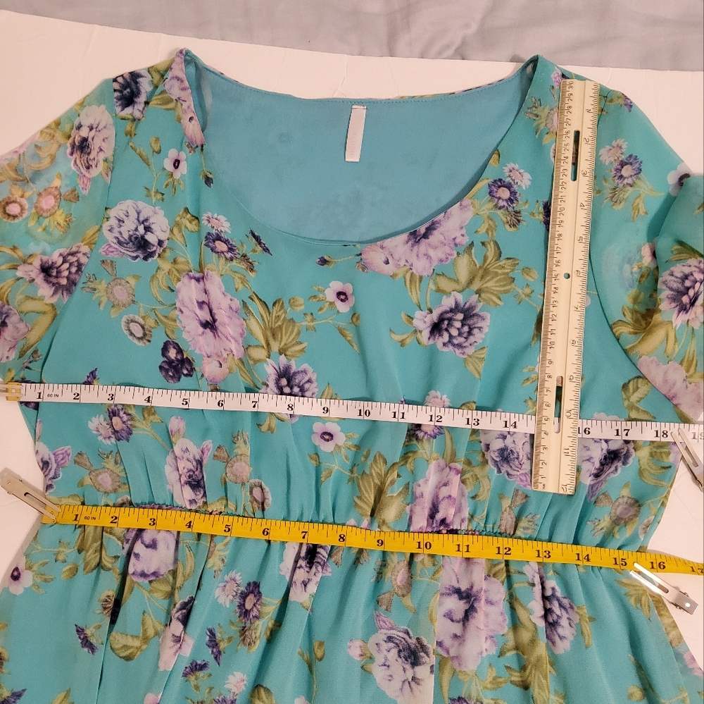 PNK BLUSH TEAL FLORAL CHIFFON 3/4 LENGHT SLEEVE SCOOP NECK SIZE XL - Picture 4 of 7